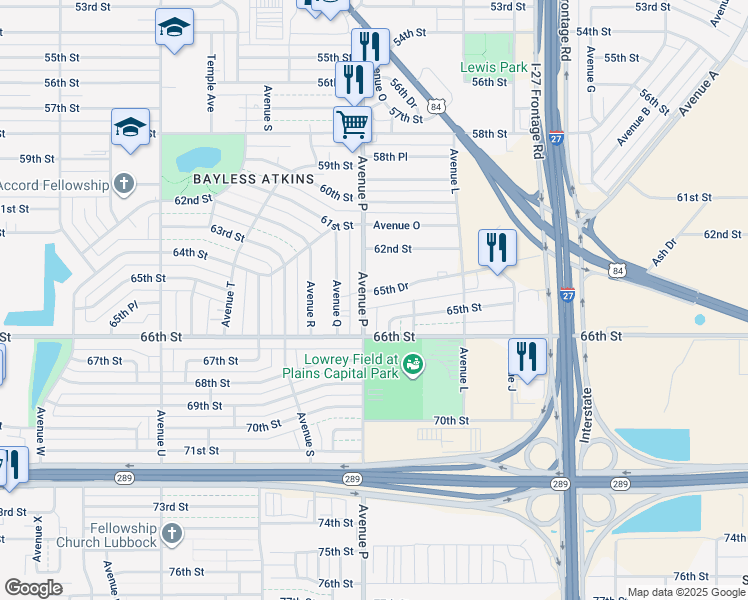 map of restaurants, bars, coffee shops, grocery stores, and more near 1347 65th Drive in Lubbock