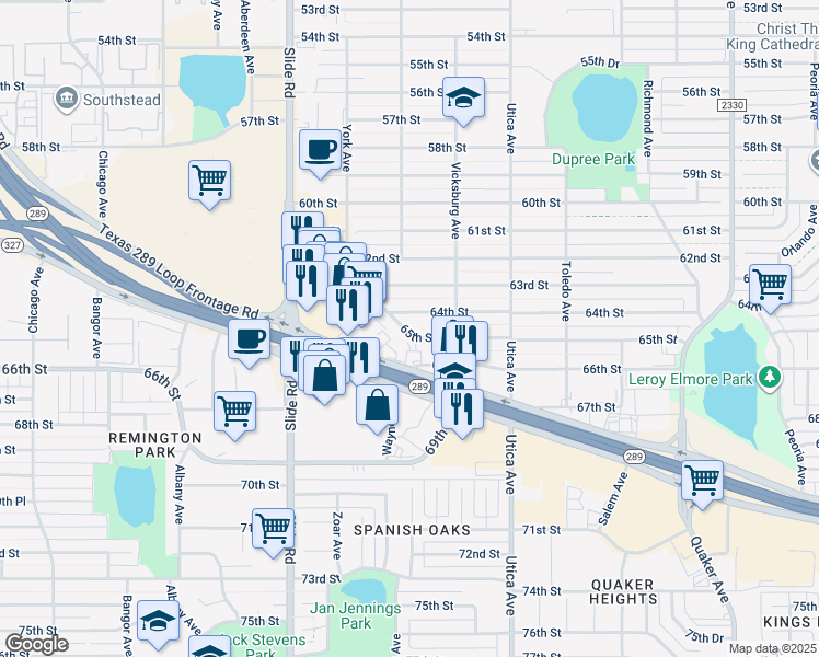map of restaurants, bars, coffee shops, grocery stores, and more near 4916 65th Street in Lubbock