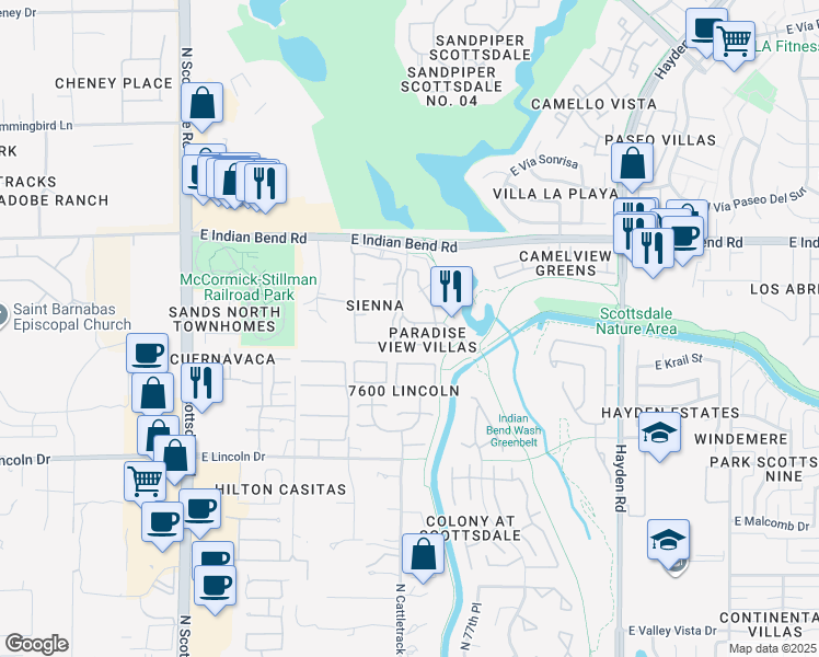 map of restaurants, bars, coffee shops, grocery stores, and more near 7627 East Indian Bend Road in Scottsdale