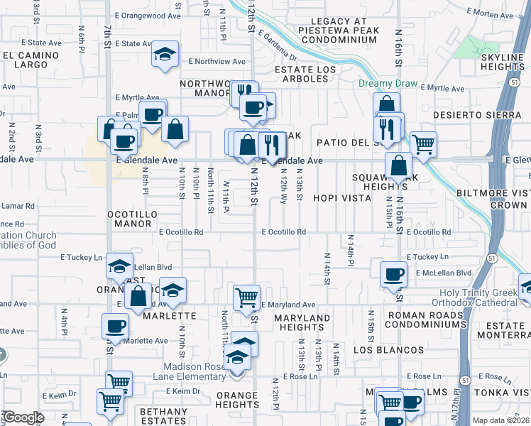 map of restaurants, bars, coffee shops, grocery stores, and more near 6721 North 12th Street in Phoenix