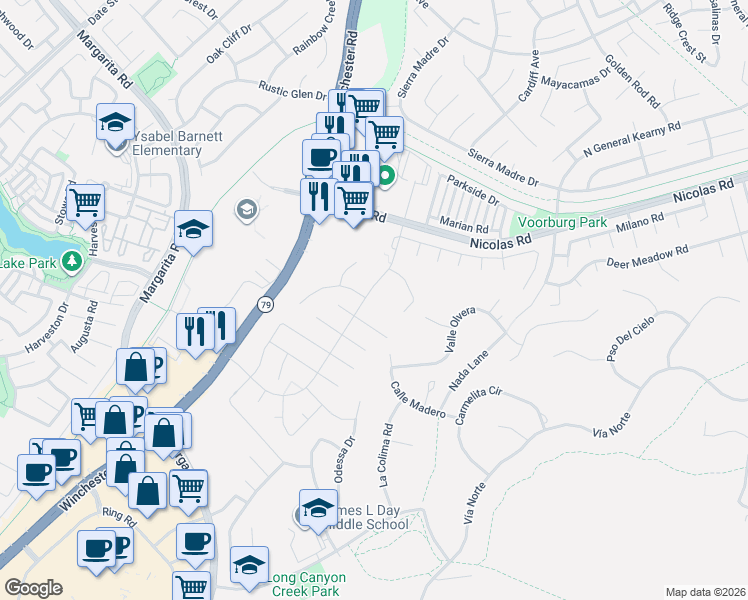 map of restaurants, bars, coffee shops, grocery stores, and more near 39830 Roripaugh Road in Temecula