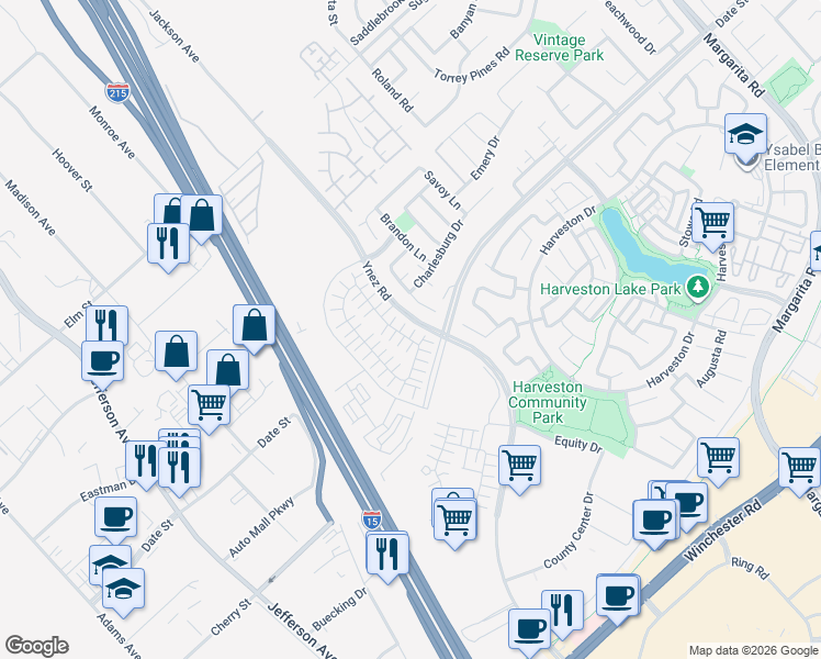 map of restaurants, bars, coffee shops, grocery stores, and more near 27533 Lock Haven Court in Temecula