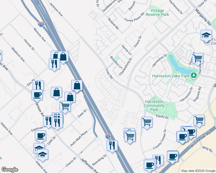 map of restaurants, bars, coffee shops, grocery stores, and more near Ynez Road in Temecula