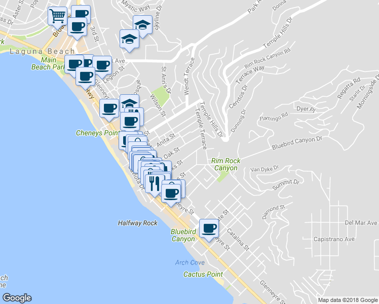 map of restaurants, bars, coffee shops, grocery stores, and more near 1215 Brangwyn Way in Laguna Beach