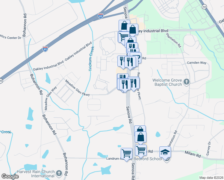 map of restaurants, bars, coffee shops, grocery stores, and more near Meadow Glen Pkwy in Fairburn