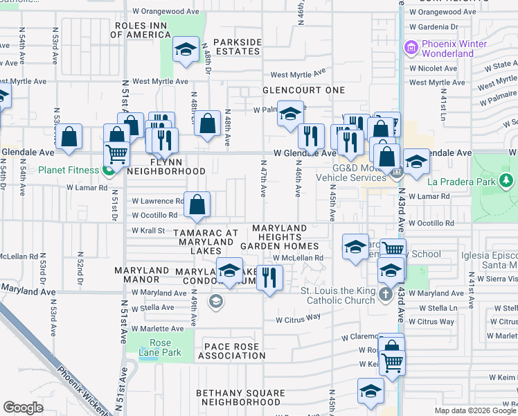 map of restaurants, bars, coffee shops, grocery stores, and more near 6770 North 47th Avenue in Glendale