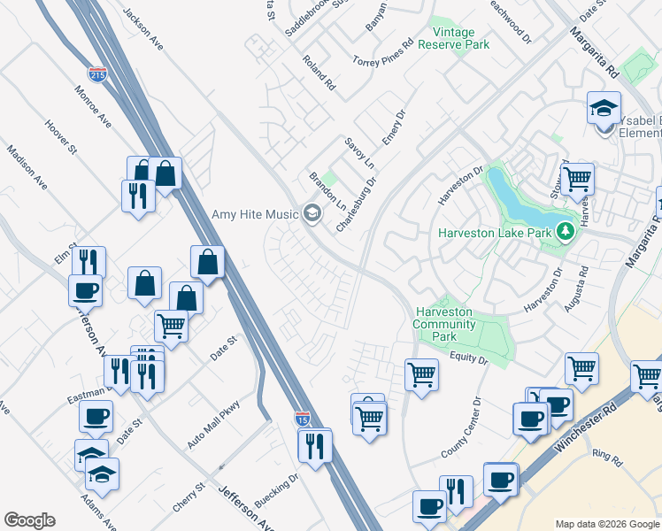 map of restaurants, bars, coffee shops, grocery stores, and more near 40636 Birchfield Drive in Temecula