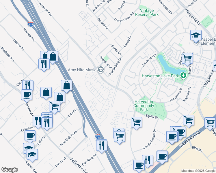 map of restaurants, bars, coffee shops, grocery stores, and more near 40636 Birchfield Drive in Temecula