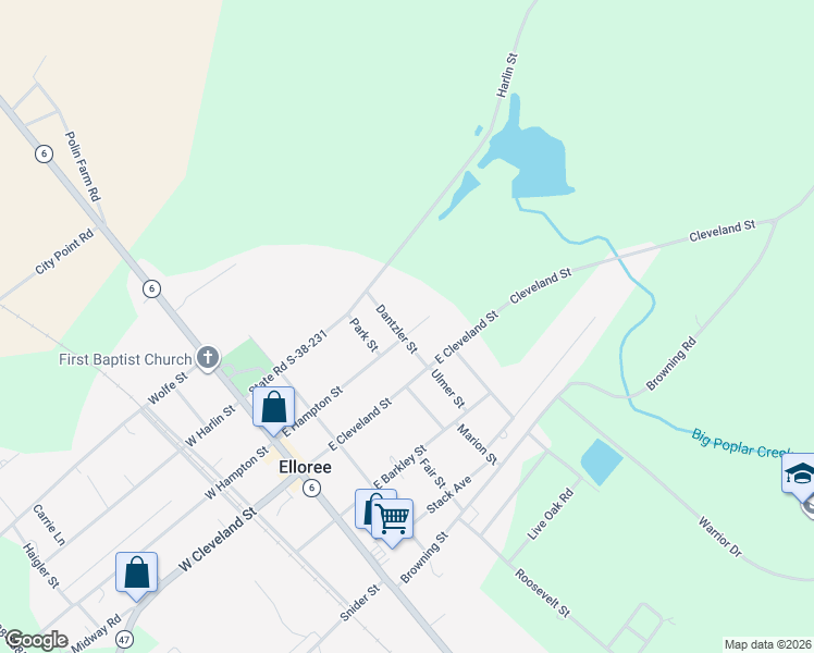 map of restaurants, bars, coffee shops, grocery stores, and more near 600 Dantzler Street in Elloree