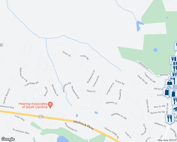 map of restaurants, bars, coffee shops, grocery stores, and more near 1211 Fernwood Court in Aiken