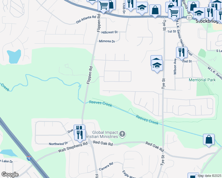 map of restaurants, bars, coffee shops, grocery stores, and more near 186 Glynn Addy Drive in Stockbridge