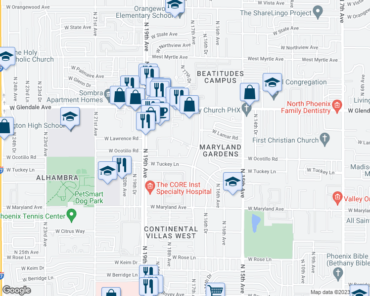 map of restaurants, bars, coffee shops, grocery stores, and more near 1819 West Ocotillo Road in Phoenix