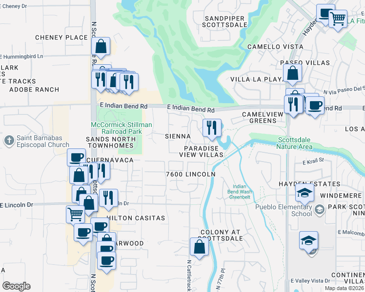 map of restaurants, bars, coffee shops, grocery stores, and more near 7609 East Indian Bend Road in Scottsdale