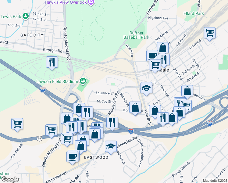 map of restaurants, bars, coffee shops, grocery stores, and more near 1404 Laurence Street in Irondale