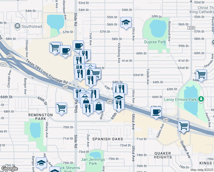 map of restaurants, bars, coffee shops, grocery stores, and more near 6411 York Drive in Lubbock