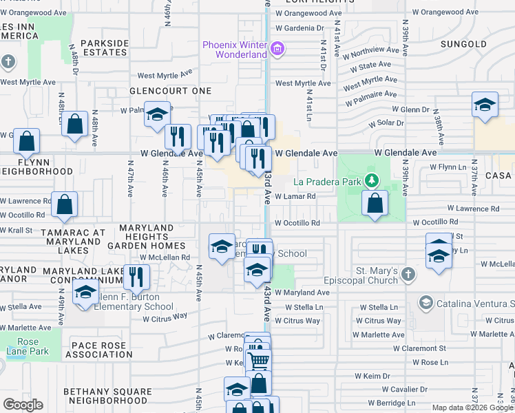 map of restaurants, bars, coffee shops, grocery stores, and more near 6746 North 43rd Avenue in Glendale