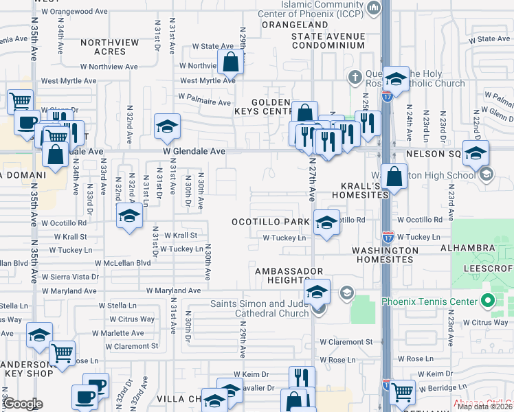 map of restaurants, bars, coffee shops, grocery stores, and more near 2822 West Lawrence Road in Phoenix