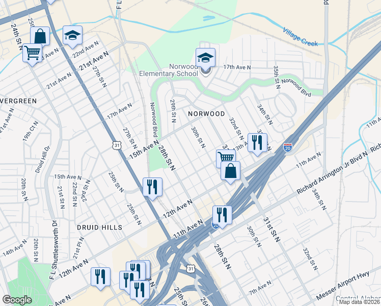 map of restaurants, bars, coffee shops, grocery stores, and more near 1325 29th Street North in Birmingham