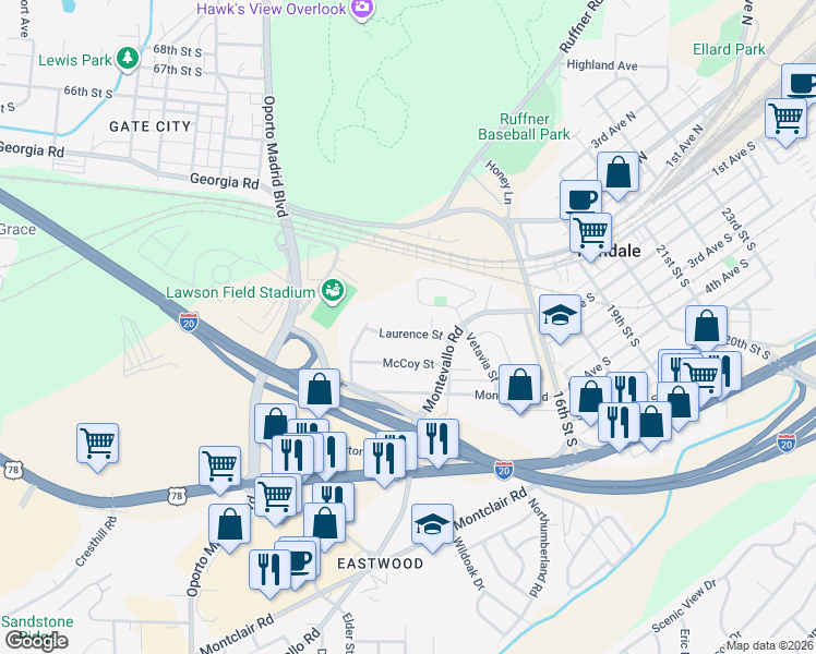 map of restaurants, bars, coffee shops, grocery stores, and more near 1324 Laurence Street in Irondale