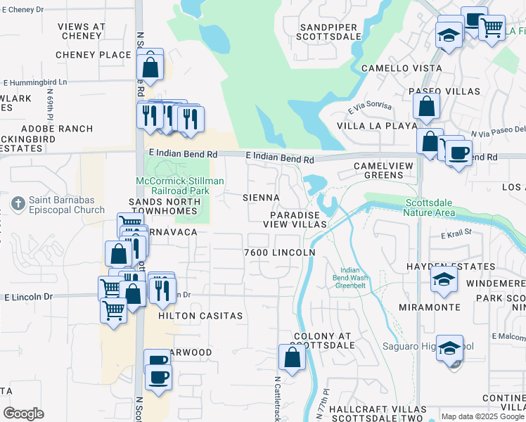 map of restaurants, bars, coffee shops, grocery stores, and more near 7575 East Indian Bend Road in Scottsdale