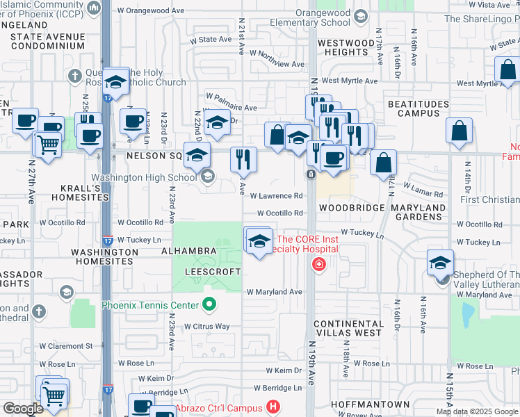map of restaurants, bars, coffee shops, grocery stores, and more near 2020 West Ocotillo Road in Phoenix