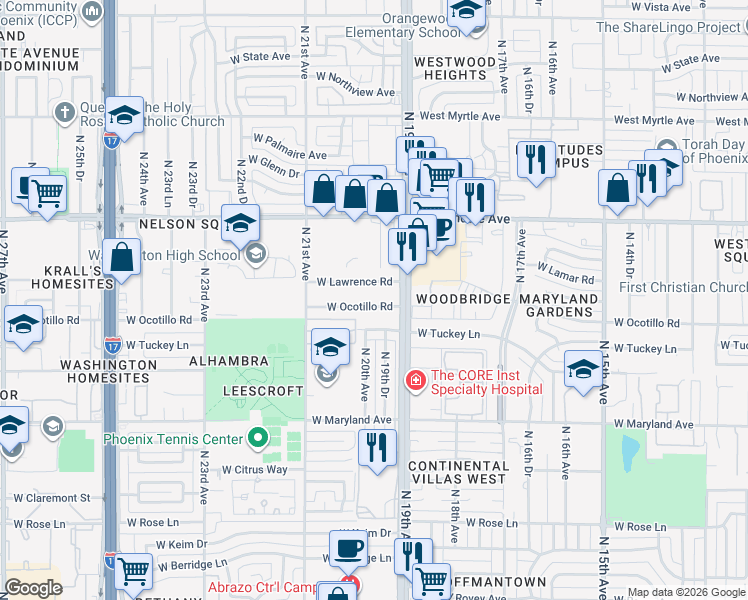 map of restaurants, bars, coffee shops, grocery stores, and more near 1932 West Ocotillo Road in Phoenix