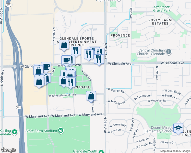 map of restaurants, bars, coffee shops, grocery stores, and more near 6851 North 93RD Avenue in Glendale
