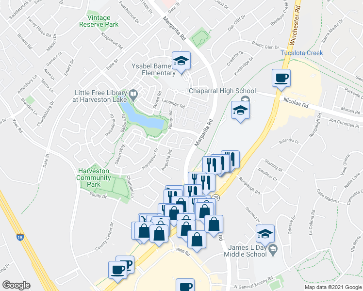 map of restaurants, bars, coffee shops, grocery stores, and more near 29190 Portland Court in Temecula