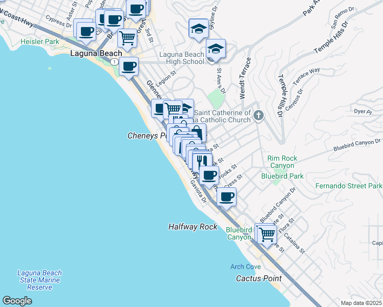 map of restaurants, bars, coffee shops, grocery stores, and more near 987 Glenneyre Street in Laguna Beach