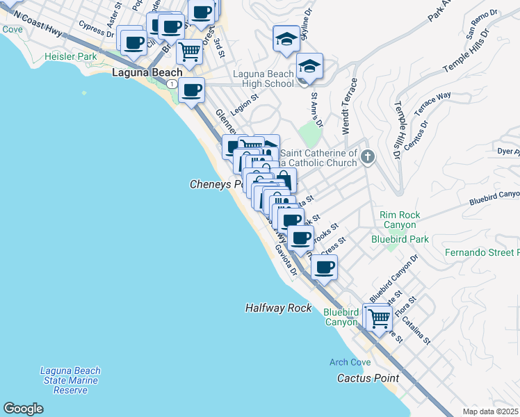 map of restaurants, bars, coffee shops, grocery stores, and more near 933 Reuben Place in Laguna Beach