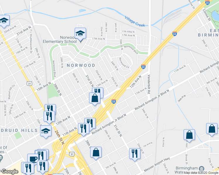 map of restaurants, bars, coffee shops, grocery stores, and more near 3200 12th Avenue North in Birmingham