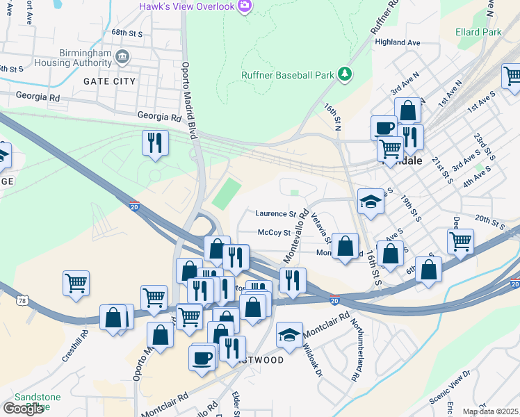 map of restaurants, bars, coffee shops, grocery stores, and more near 1308 Lawrence Street in Irondale