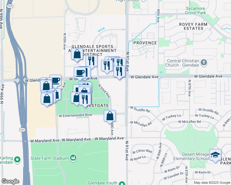 map of restaurants, bars, coffee shops, grocery stores, and more near 6851 North 93RD Avenue in Glendale