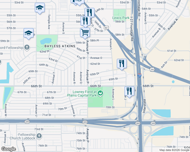 map of restaurants, bars, coffee shops, grocery stores, and more near 1341 65th Drive in Lubbock