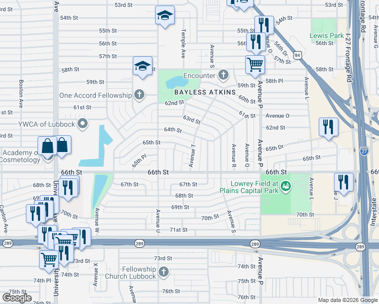 map of restaurants, bars, coffee shops, grocery stores, and more near 2001 65th Street in Lubbock
