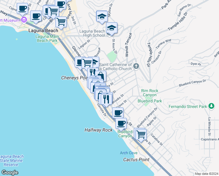 map of restaurants, bars, coffee shops, grocery stores, and more near 1016 Catalina Street in Laguna Beach