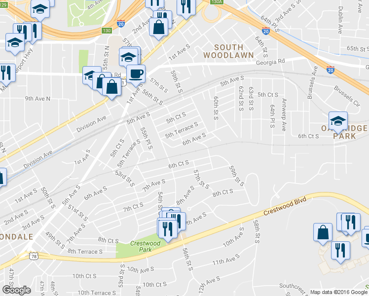 map of restaurants, bars, coffee shops, grocery stores, and more near 5637 6th Avenue South in Birmingham