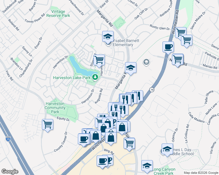 map of restaurants, bars, coffee shops, grocery stores, and more near 29190 Portland Court in Temecula