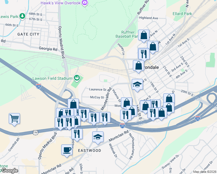 map of restaurants, bars, coffee shops, grocery stores, and more near 1402 Montevallo Road in Irondale