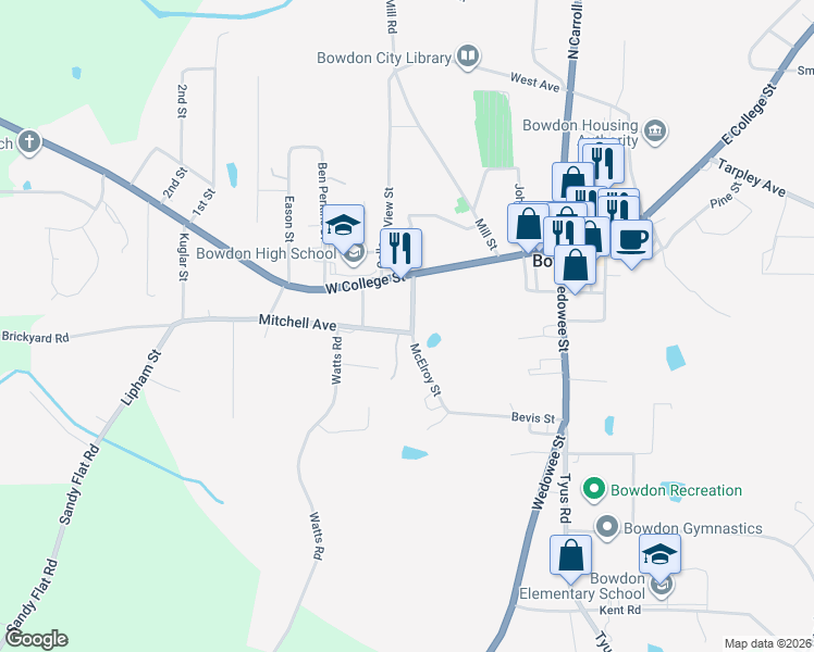 map of restaurants, bars, coffee shops, grocery stores, and more near 124 McElroy Street in Bowdon