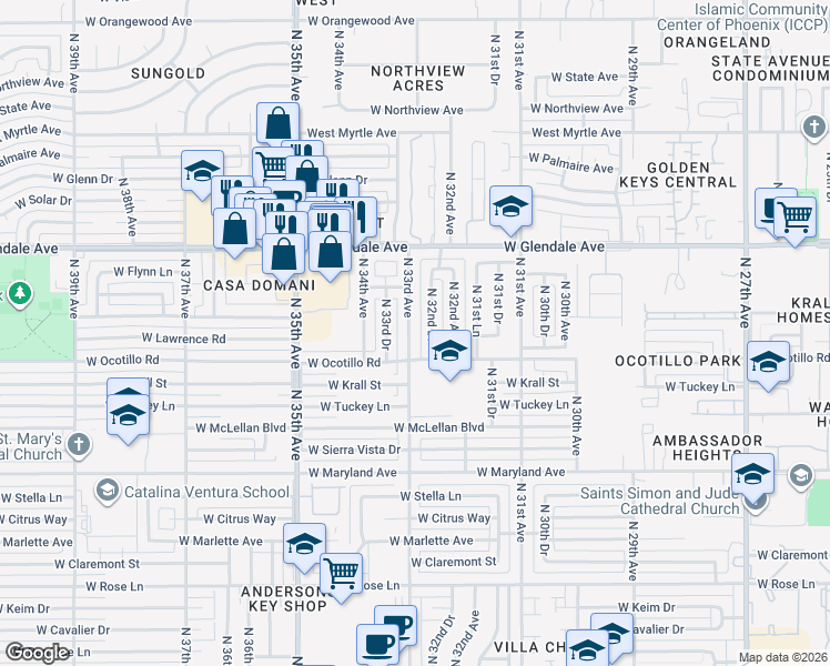 map of restaurants, bars, coffee shops, grocery stores, and more near 6719 North 33rd Avenue in Phoenix