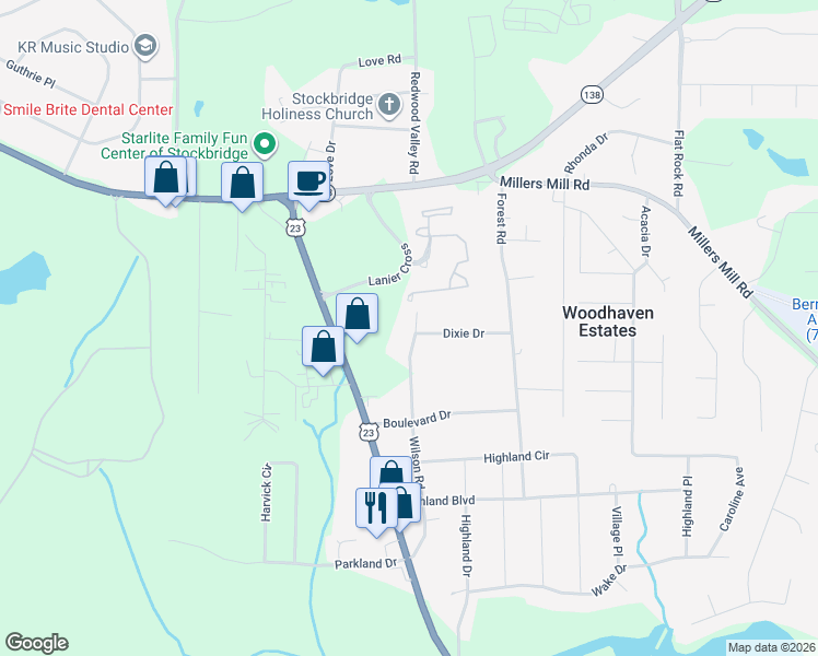 map of restaurants, bars, coffee shops, grocery stores, and more near 46 Dixie Drive in Stockbridge