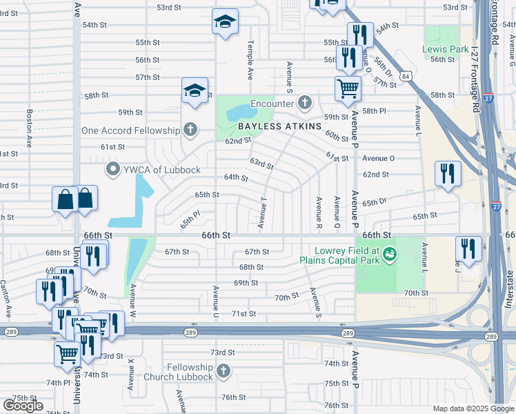 map of restaurants, bars, coffee shops, grocery stores, and more near 2001 65th Street in Lubbock