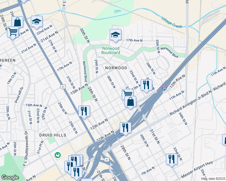 map of restaurants, bars, coffee shops, grocery stores, and more near 1312 30th Street North in Birmingham