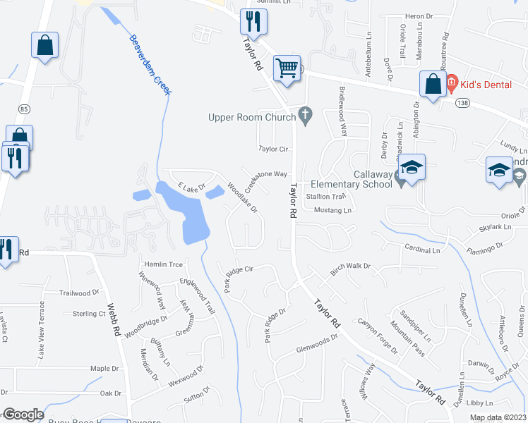 map of restaurants, bars, coffee shops, grocery stores, and more near 8018 Woodlake Drive in Riverdale