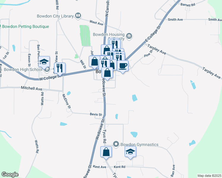 map of restaurants, bars, coffee shops, grocery stores, and more near 110 Parson Street in Bowdon