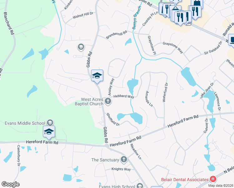 map of restaurants, bars, coffee shops, grocery stores, and more near 4589 Hebbard Way in Evans