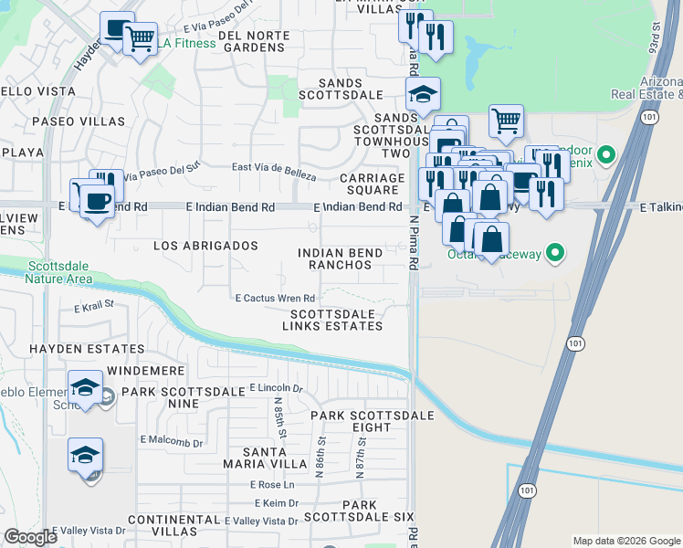 map of restaurants, bars, coffee shops, grocery stores, and more near 8602 East Cactus Wren Road in Scottsdale