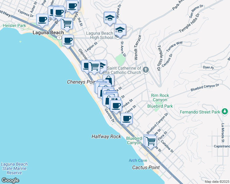 map of restaurants, bars, coffee shops, grocery stores, and more near Catalina Street & Anita Street in Laguna Beach