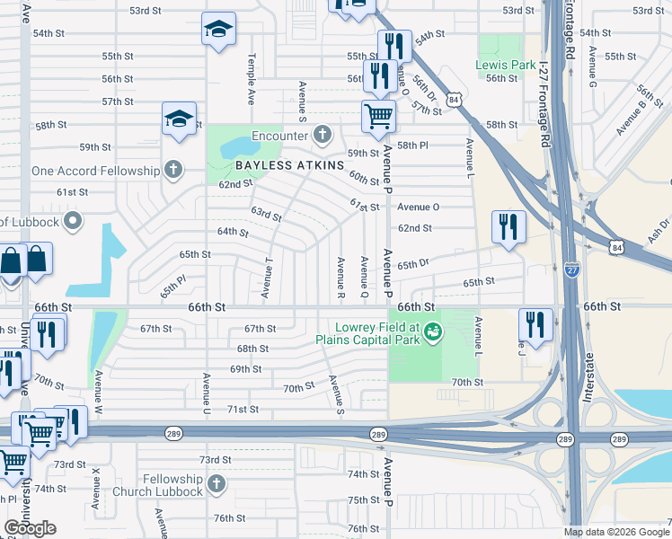 map of restaurants, bars, coffee shops, grocery stores, and more near 6115 Avenue S in Lubbock